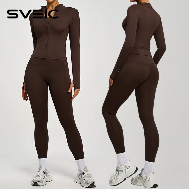 SVEIC Yoga Coat Sports Top Long Sleeve Jacket Fitness Breathable Women'S Tracksuit High Waist Leggings Two Piece Set Gym Clothes