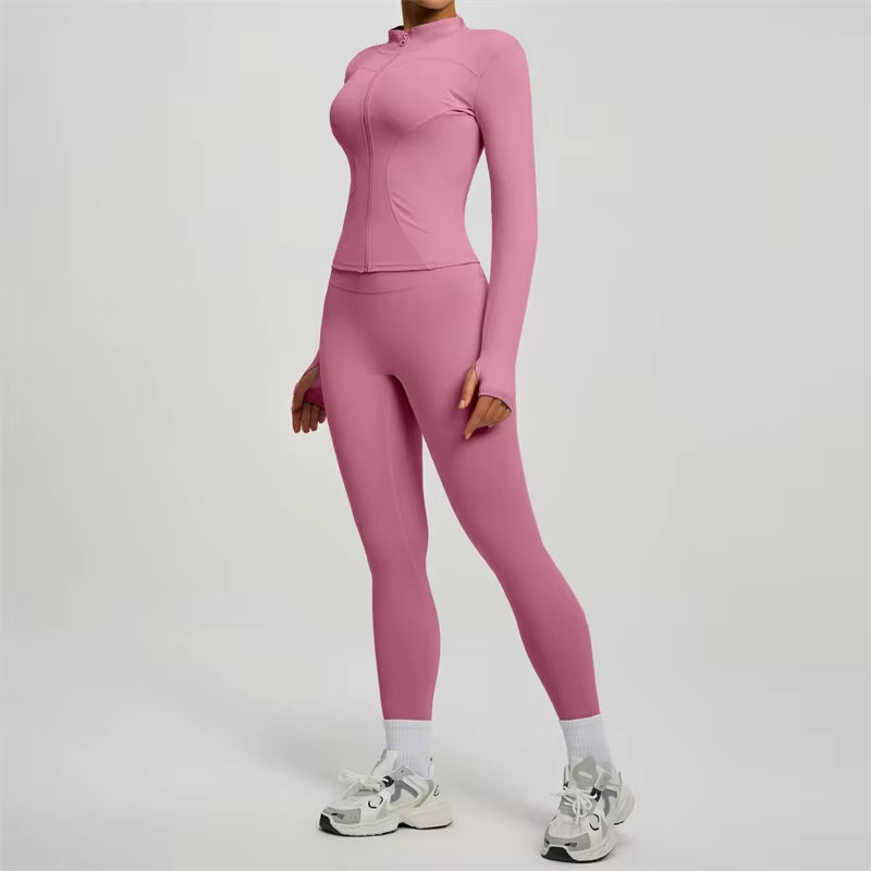 SVEIC Yoga Coat Sports Top Long Sleeve Jacket Fitness Breathable Women'S Tracksuit High Waist Leggings Two Piece Set Gym Clothes