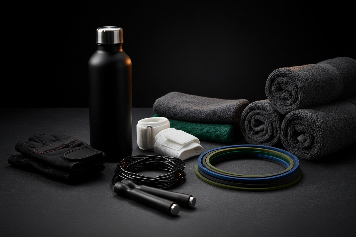 serie de accesorios deportivos para mejorar la comodidad de entrenamiento, como botellas de gaua, guantes, tobilleras, vinchas, sogas, bandas elasticas, toallas de microfibra, etc. utiliza luces oscuras y orofesionales